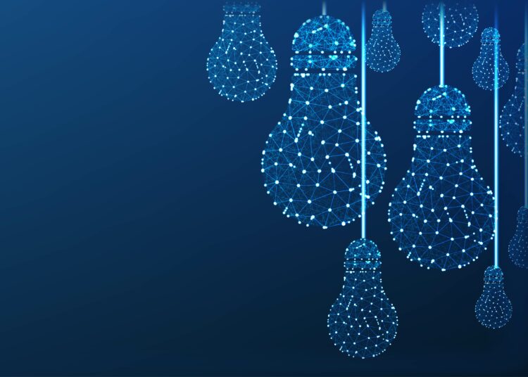 bulb, Lamp, Abstract low Poly Wireframe mesh background. form lines and triangles, point connecting network on blue background.  vector Illustration